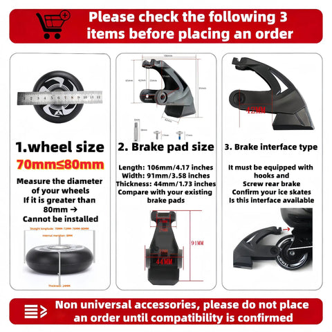 Diagram showing compatibility checks for Roller Skate Replacement Brake Pad Set For Adult Inline Skates With 70mm To 80mm Wheels Non Slip Safety Brake Block Rear Mount Compatible 2 Pack Black