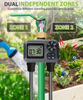 2 Zone Sprinkler Timer For Garden Hose With Programmable Scheduling Automatic Irrigation System For Yard And Lawn Brass Connector IP5 Waterproof Dual Watering Modes No Fuss Setup And Flexible Watering Control displayed on green pipe with digital screen showing 07:30, surrounded by garden and flowers.