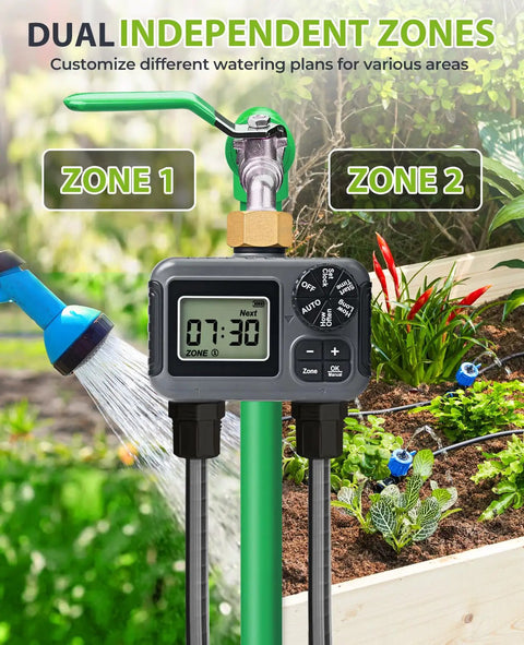 2 Zone Sprinkler Timer For Garden Hose With Programmable Scheduling Automatic Irrigation System For Yard And Lawn Brass Connector IP5 Waterproof Dual Watering Modes No Fuss Setup And Flexible Watering Control displayed on green pipe with digital screen showing 07:30, surrounded by garden and flowers.