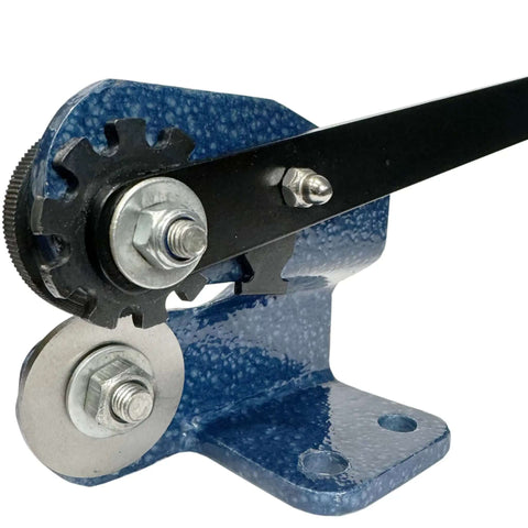 Close-up view of Pro Grade Heavy Duty Sheet Metal Disc Cutter for 16 Gauge Bench Mounted Metalworking Tool with gear mechanism.