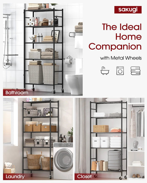 5-Tier Wire Shelving Unit With 360-Degree Wheels And Adjustable Leveling Feet, Heavy-Duty Garage Storage Shelf in bathroom, laundry, and closet settings