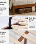 Rock Solid Queen Platform Bed Frame With Attached Brown Wood Headboard And Heavy Duty Pine Slats, showcasing under-bed storage and slatted support.