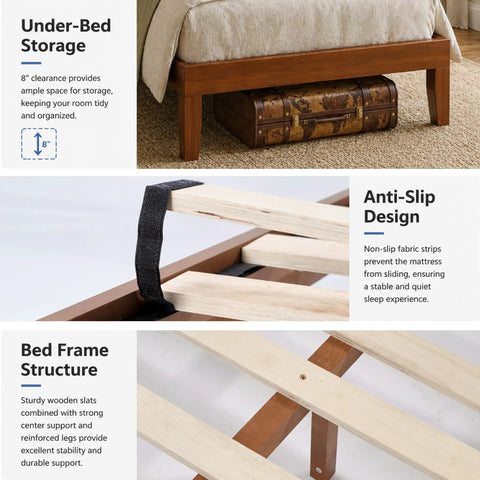 Rock Solid Queen Platform Bed Frame With Attached Brown Wood Headboard And Heavy Duty Pine Slats, showcasing under-bed storage and slatted support.