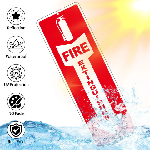 Four Pack Fire Extinguisher Signs, Self Adhesive Aluminum Safety Signs For Business, 12x4 Inches, Weather Resistant, Easy To Install