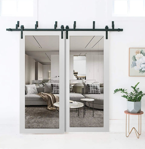 Clear Glass Sliding Barn Closet Doors 84 By 96 Inches With Bypass Hardware Kit Top Mount 8Ft Rails White Silk Finish Solid Wood