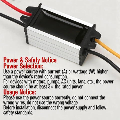 DC Buck Converter Module 24V-12V To 1.5V with safety notice and 13cm cable, showing power and safety guidelines.