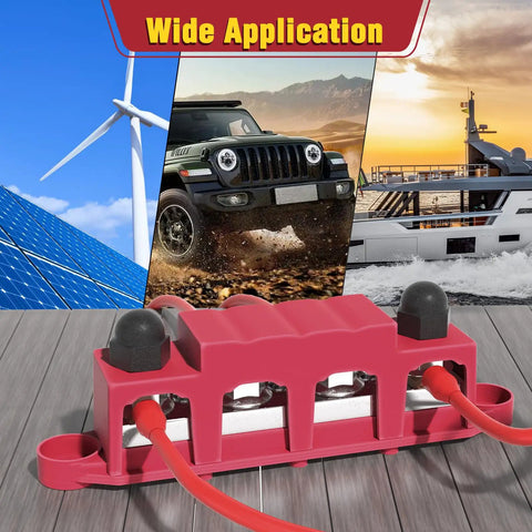 Beefy 48V 400A Bus Bar Power Distribution Block With Four Three Eighths Inch Posts And Three Number Ten Screw Terminals For Car Boat Marine Red And Black Durable, red bus bar with cables