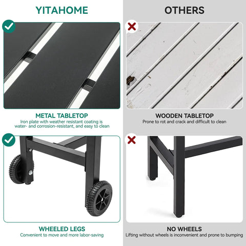 Comparison of 55 Inch Outdoor Bar Table Bar Height Rectangle Narrow Design with metal tabletop and wheels, against wooden table without wheels.