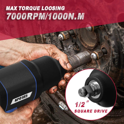 Half Inch Air Impact Wrench With 7000 RPM Free Speed, 1000 Nm Drive, 958 Foot Pound Loosening Torque, 958 Foot Pound Working Torque