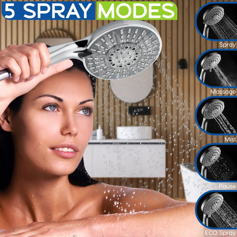 High Pressure Shower Head With Handheld And 70 Inch Stainless Steel Hose 5 Mode Detachable Spray in use.