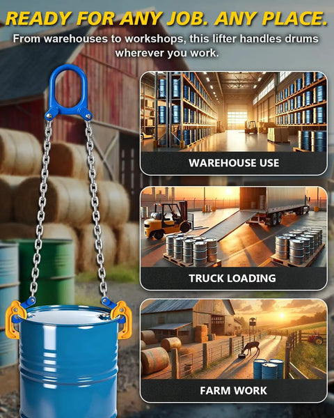 Heavy Duty 55 Gallon Drum Lifter With 1 Ton Capacity, Spring-Loaded Alloy Steel Jaws, G80 Chain Barrel Clamp, Crane Hook And Hoist Compatible, Moves Steel And Plastic Drums For Oil, Waste, Feed Handling for warehouse, truck loading, and farm use