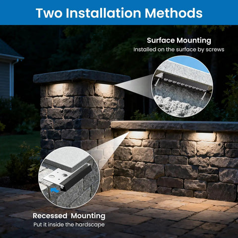 Installation methods for Eight Inch Retaining Wall Step Lights With Five Watt LED And One Hundred Watt Transformer IP68 Kit
