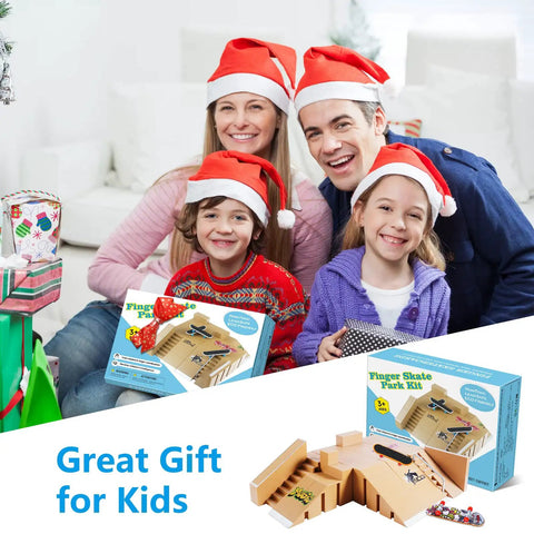Family with Santa hats holding All In One Finger Skate Park Kit With 3 Mini Finger Skateboards And 8 Ramp Decks DIY Skate Park Build Includes Screws And Connectors Perfect Gift For Boys And Girls Ages 5 And Up