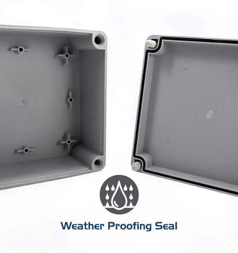 Weatherproof PS plastic junction box enclosure, gray with gasket seal; lid removed showing interior mounting bosses