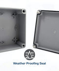 Open view of Weatherproof 6x6x3 Inch IP65 Junction Box made from PS plastic with weatherproofing seal