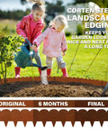 Children gardening near Cor Ten Steel Landscape Edging Kit 20 ft with rustic scalloped metal border, showing weathering over time.