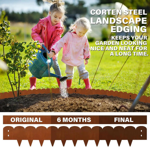 Children gardening near Cor Ten Steel Landscape Edging Kit 20 ft with rustic scalloped metal border, showing weathering over time.