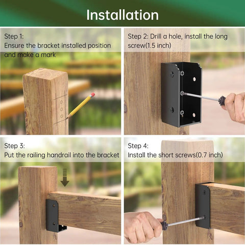 Installation steps for Heavy Duty Stainless Steel Deck Railing Brackets Connectors 4 Pack For 2x4 Stair Fence Handrail.