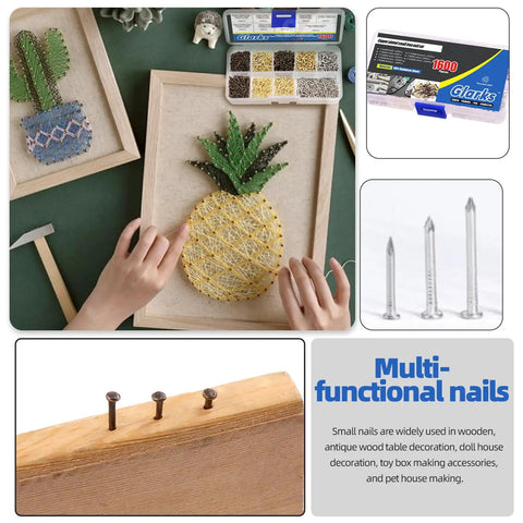 Close-up of craft project using 1600Pcs Tiny Nails Kit with 1x6mm, 1x8mm, 1x10mm wooden nails in gold, silver, bronze, DIY hardware fixes