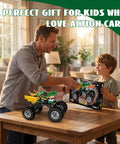 Monster Dragon Truck Building Kit For Kids Green, Kid-Approved DIY Construction Toy Set For Boys And Girls, Imagination-Driven Play, Hands-On STEM Construction, Durable Buildable Truck With Endless Creative Options. Father and boy with boxed green monster truck toy