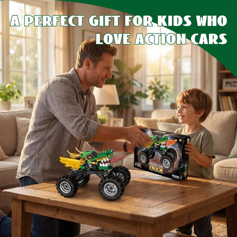 Monster Dragon Truck Building Kit For Kids Green, Kid-Approved DIY Construction Toy Set For Boys And Girls, Imagination-Driven Play, Hands-On STEM Construction, Durable Buildable Truck With Endless Creative Options. Father and boy with boxed green monster truck toy