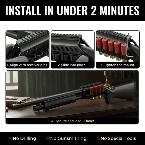 Installation steps for Shotgun Shell Holder Side Saddle For Universal 12 Gauge Carriers on a shotgun, no drill mount.