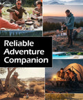 Collage of campers using Isobutane Camping Fuel Canisters 100g Each, Ultra Portable Gas for Camp Stoves and Lanterns outdoors.