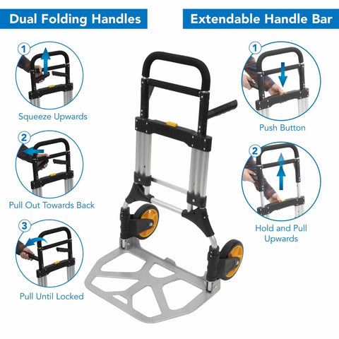 Beefy Folding Dolly With Aluminum Frame, 440 LB Capacity Hand Truck demonstrating handle folding and extending mechanisms.