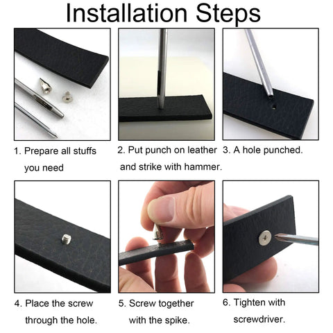 Installation steps for 100 Pack Hella Tough Zinc Alloy Spike Rivets Badass Punk Metal Studs with Heavy Duty Iron Screw Back.