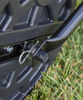 Close-up of the steel frame and drain plug on the Tow Behind 18 Inch By 36 Inch Poly Lawn Roller Water Filled To 400 Lb Weight