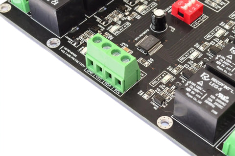 Close-up of 16 Channel I2C Relay Board With PCF8575 Expander for Arduino Raspberry Pi ESP32, highlighting relays and connections.