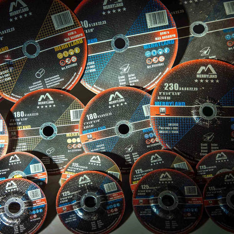 Front view of Merryland 5-inch metal cutting discs for angle grinders; stainless steel/iron, 50-pack