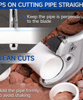 Heavy Duty One Hand Ratchet Pipe Cutter cutting PVC pipe, showing blade position and cutting tips for straight, clean cuts