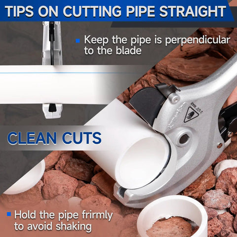 Heavy Duty One Hand Ratchet Pipe Cutter cutting PVC pipe, showing blade position and cutting tips for straight, clean cuts