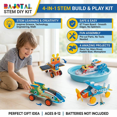 4-In-1 Engineering Kit For Kids Aged 8-12 Build A Mars Rover, A Fast Race Car, A Dope Soaring Glider, And A Paddle Boat; Learn Motor Dynamics And Mechanical Transmission Hands-On, The Ultimate Gift For Curious Builders. child playing with 4 STEM foam models