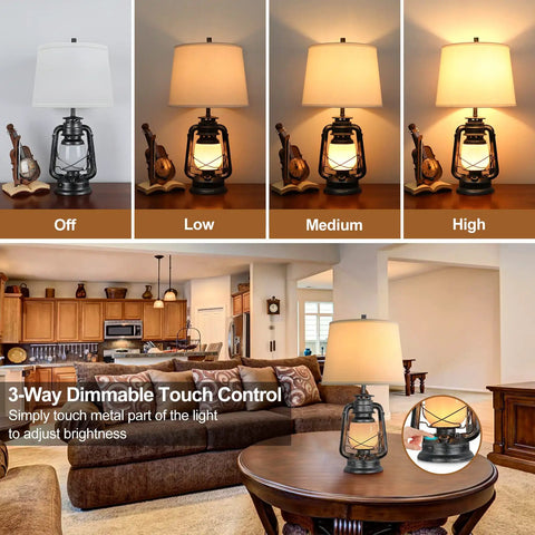 Set Of 2 Farmhouse Table Lamps With USB Port Three Way Dimmable Touch Nightstand Lights showcasing dimming options in living room.