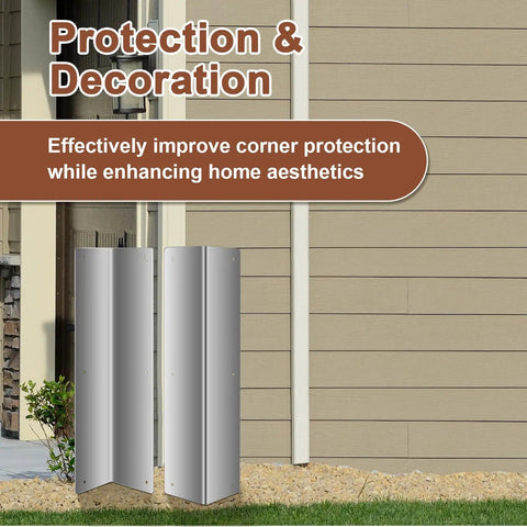Straight Up Heavy Duty 2 Pack Stainless Steel Corner Guards For Vinyl Siding And Exterior Walls 3 3/8 Inch By 3 3/8 By 15 3/4 Size With 89 Degree Angle For Killer Weed Wacker Protection displayed on exterior wall.