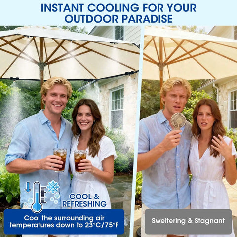 Couple enjoying Outdoor Patio Misting System With 20 Brass Nozzles And Three Quarter Inch Adapter Pre Assembled Water Filter