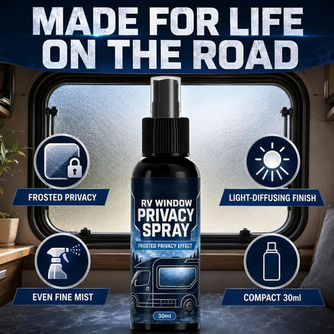 Glass Frosting Spray 30ml Portable Anti-Glare Privacy Liquid in RV setting, showcasing frosted finish and compact design.
