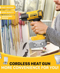 Person using Cordless Heat Gun With Dual Temperature Modes 1022F And 572F on artwork, showing ergonomic design and battery slot.