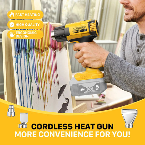 Person using Cordless Heat Gun With Dual Temperature Modes 1022F And 572F on artwork, showing ergonomic design and battery slot.
