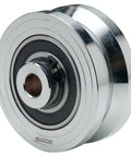 Side view of Heavy Duty 3 Inch V Groove Wheel For Sliding Gates With Half Inch Bore And Two Inch Hub Length Solid Steel V Track Caster