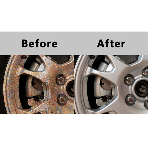 Before and after wheel hub results using 7-Piece Wheel Hub Cleaning Kit For Rust Removal And Resurfacing With One-Half Inch Drill And Impact Wrench Compatibility Includes Grinding Heads For Lug Studs Rotors And Brake Service