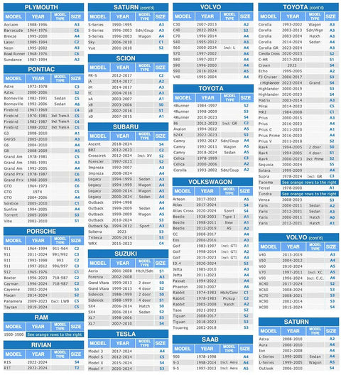 Car model compatibility chart for waterproof car cover fitting 194 to 206 inches sedans, multiple brands listed.
