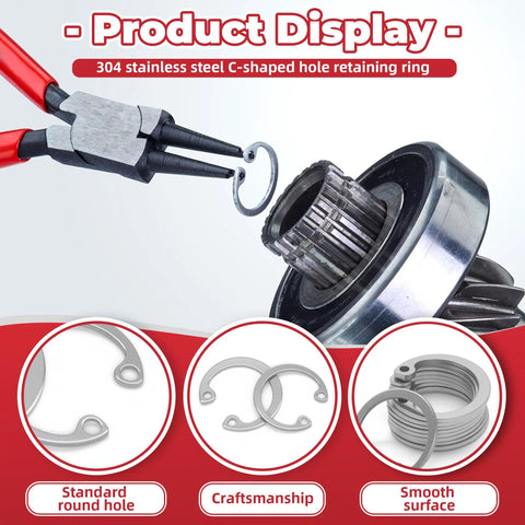 Internal Snap Ring Kit 315 Pieces 7 Size M8 To M20 E Clip Assortment for Grooved Shafts shown with tool demonstration