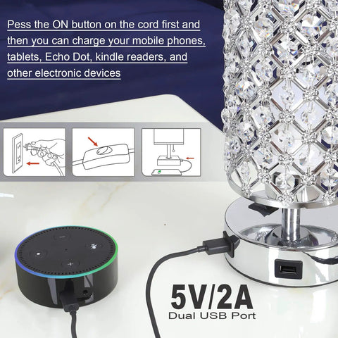 Crystal Bedside Lamps Set Of 2 With Dual USB Charging Ports Modern Nightstand Table Lamps For Bedroom And Living Room Glam K9 Crystal Decor Easy Install Perfect For Home Office, close-up of lamp base with USB ports and charging device