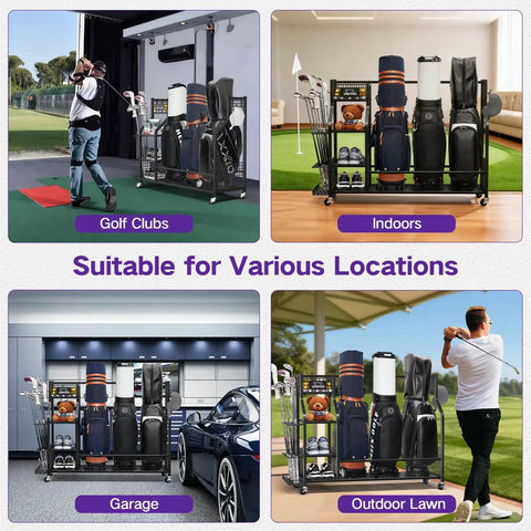 All-In-One Golf Bag Storage Organizer On Wheels, 3-Tier Stand For Home Garage Club Shed Or Basement in various locations