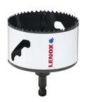 LENOX bi-metal hole saw with arbor, 3-3/8-inch; white housing, black teeth, speed slot