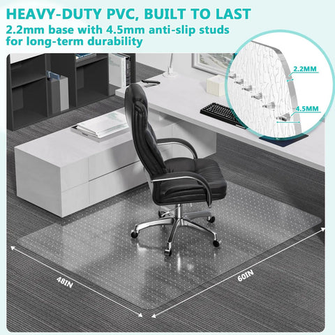Heavy Duty Desk Chair Mat For Low Pile Carpet With Lip 48 X 60 Clear Plastic Floor Protector For Smooth Rolling Office And Computer Chairs At Home For Everyday Home Office Use, shown in an office setting with chair on mat.