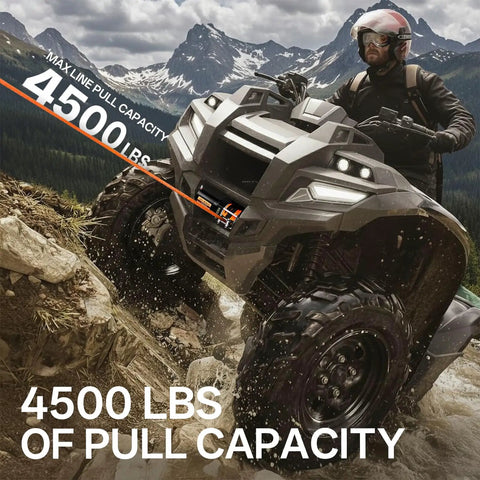 4500lb Electric Winch With Synthetic Rope For Off Road Recovery 12V DC Motor With Serious Torque 185 To 1 Gear Ratio Three Stage Planetary Drive Auto Braking For Power Outages 41.3 Ft Rope on ATV in rocky terrain
